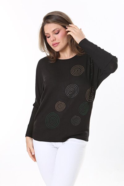 Şans Women's Plus Size Black Stone Detailed Bat Sleeve Blouse 65N37805