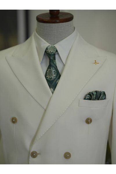 LONATOLİA Men's Slim Fit Italian Style White Double Breasted Jacket with Bag Pocket