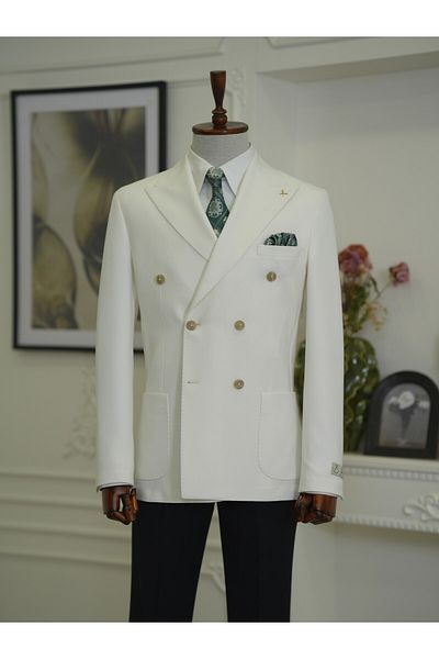 LONATOLİA Men's Slim Fit Italian Style White Double Breasted Jacket with Bag Pocket