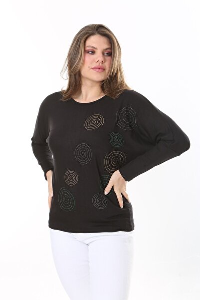 Şans Women's Plus Size Black Stone Detailed Bat Sleeve Blouse 65N37805