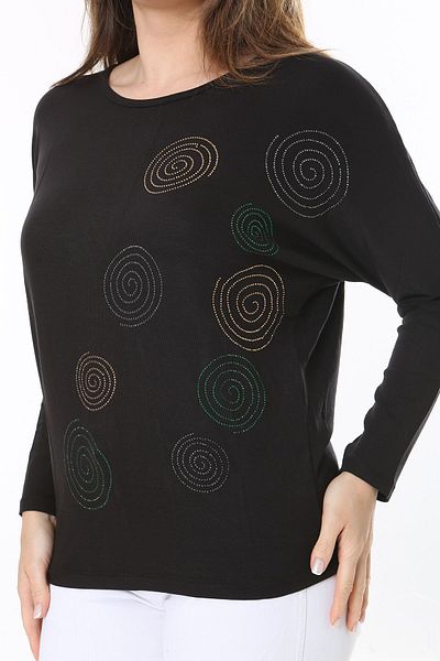 Şans Women's Plus Size Black Stone Detailed Bat Sleeve Blouse 65N37805