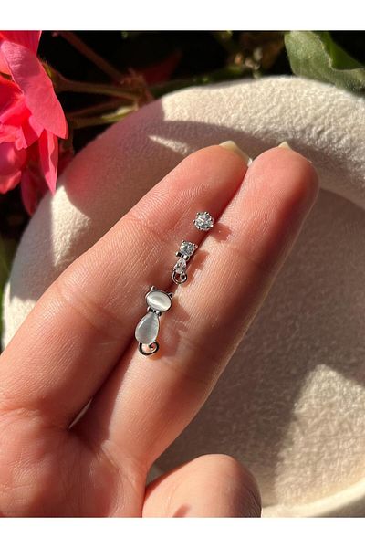 2D2B NATURE Steel Zircon Stone Silver Color Cat Earrings Set