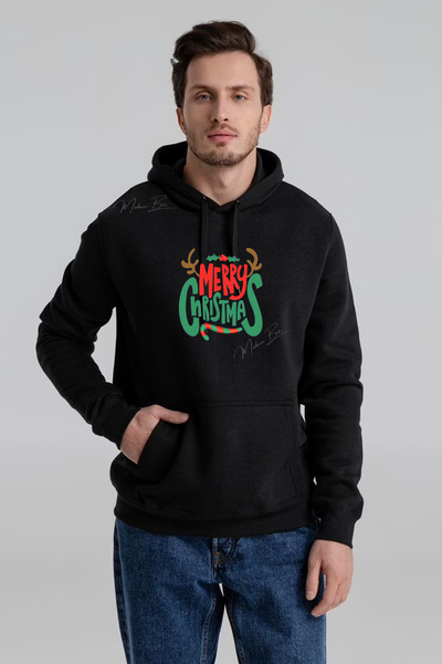 Merry Christmas Mutlu Noeller Yazılı Görsel Baskılı UNİSEX Oversize Kapüşonlu Sweatshirt  %100 Pamuk