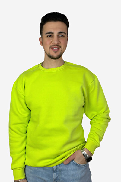 Butik Neon Sarı Basic Pamuklu Oversize Sweatshirt