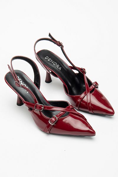 DENORA Claret Red Matte Patent Leather Pointed Toe Banded Buckle Closed Toe Open Back Heeled Stiletto Shoes