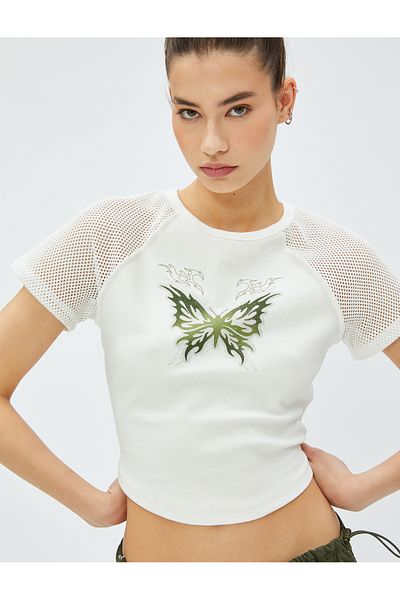 Koton Crop T-Shirt με εμπριμέ διχτυωτό λεπτομέρεια βαμβακερό λαιμόκοψη