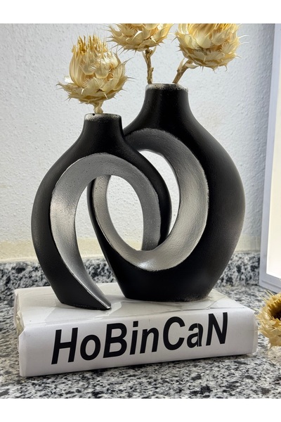 BLANJ Siyah - Gümüş Sarmaşık Sevgili Vazo, 22x16&17x14