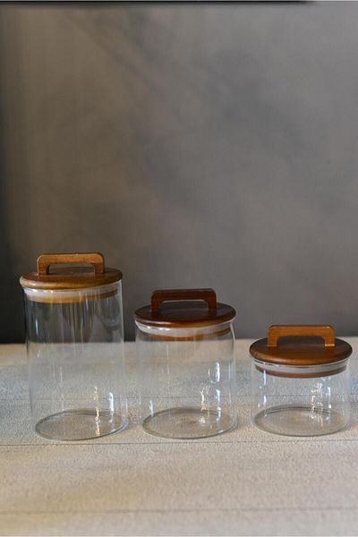 şirin eşyalarım Set of 3 Round Glass Jars with Acasia Lid