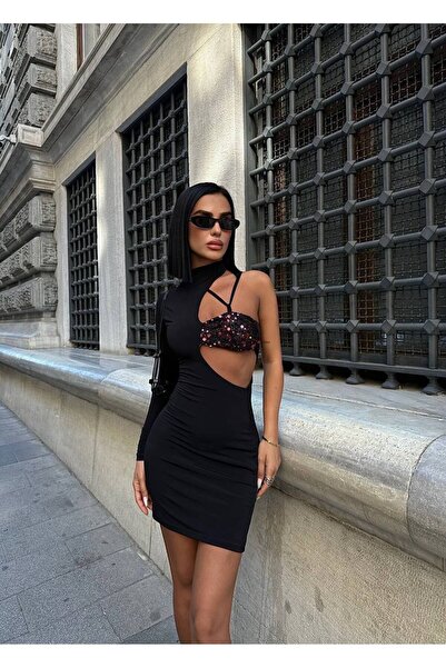 JK Stores Tek Omuz İpli Tek Göğüs Payetli Mini Elbise