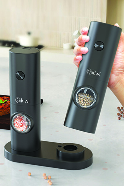 Kiwi Pilli Işıklı Tuz Karabiber Değirmeni Otomatik Baharat Öğütücü 2li Paket (SİYAH)