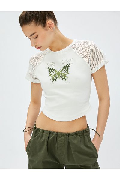 Koton Crop T-Shirt με εμπριμέ διχτυωτό λεπτομέρεια βαμβακερό λαιμόκοψη