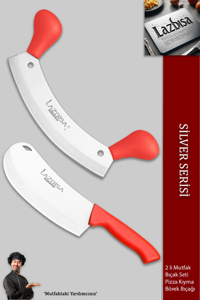 LAZBİSA Silver Serisi Mutfak Bıçak Seti Satır Zırh Pizza Soğan Pide Kıyma Doğrayıcı Satır Seti 2 Li