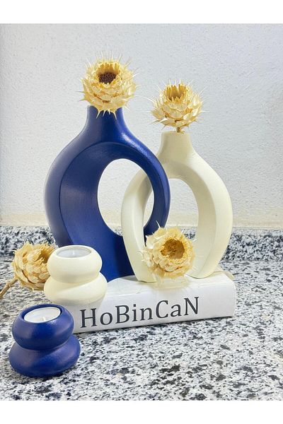 BLANJ Set of Vases Candle Holder in Navy Blue Creeper Lover Navy Cream