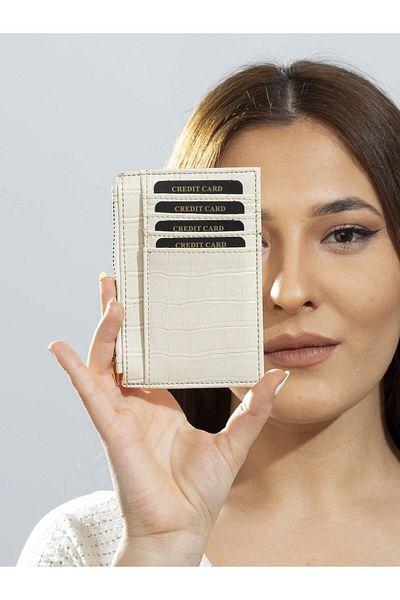 The Noir Leather Paris Zippered Ecru Women's Card Holder Wallet