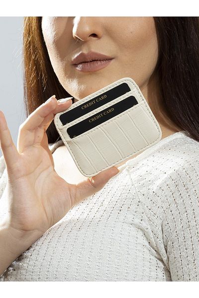 The Noir Leather Milano Croco Leather Ecru Women's Card Holder Wallet