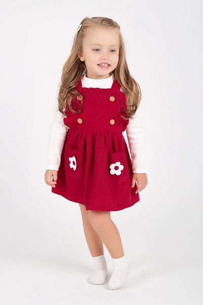 Minigimin Cicileri Red Flower Detailed 2-Piece Salopet Baby Dress