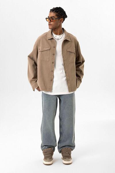 VAMOSCLO Mink Color Oversize Denim Jacket - Double Pocket Detail and Back Print