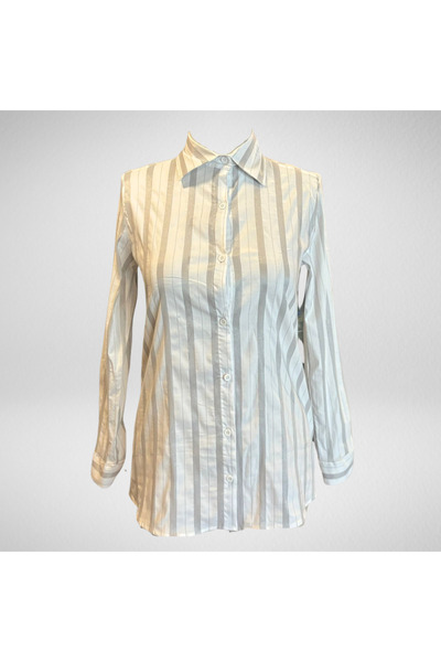 Moda Monisa Cămașă de damă cu dungi subțiri gri pe alb | Flexibil din material tip stofă | Eleganță zilnică