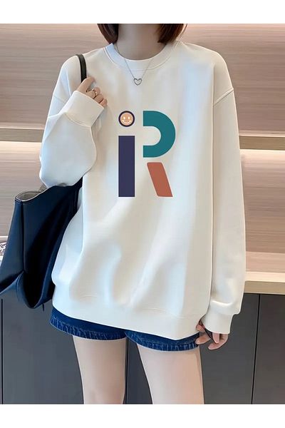 PALPİTO Hanorac oversize cu decolteu rotund cu imprimeu alb R Smile pentru femei