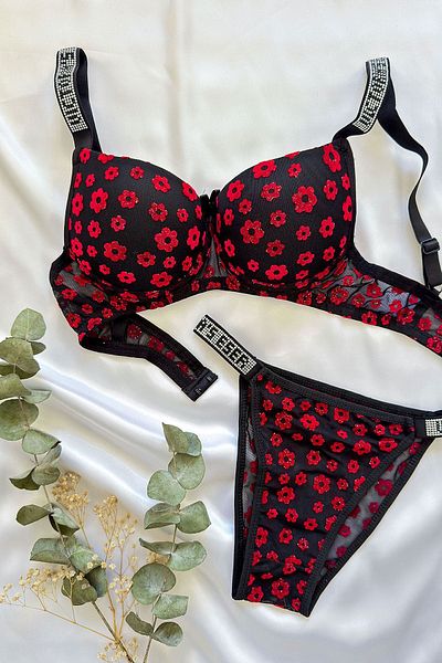 ifondi Red Velvet Bra Set - Daisy Pattern and Support
