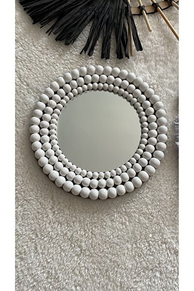 BOHEM Beyaz Ahşap Yuvarlak Boncuklu Dekoratif Ayna 25cm Aynalı