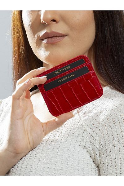 The Noir Leather Milano Croco Leather Red Women's Card Holder Wallet