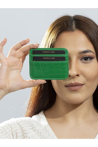 The Noir Leather Milano Croco Leather Green Women's Card Holder Wallet