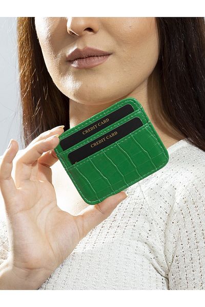 The Noir Leather Milano Croco Leather Green Women's Card Holder Wallet