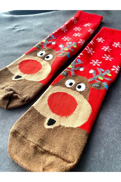 Ludios New Year's Deer Themed Red Cotton Long Socks