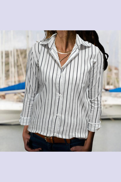 Moda Monisa Cămașă de damă cu dungi negru-gri pe alb | Flexibil din material tip stofă | Eleganță zilnică