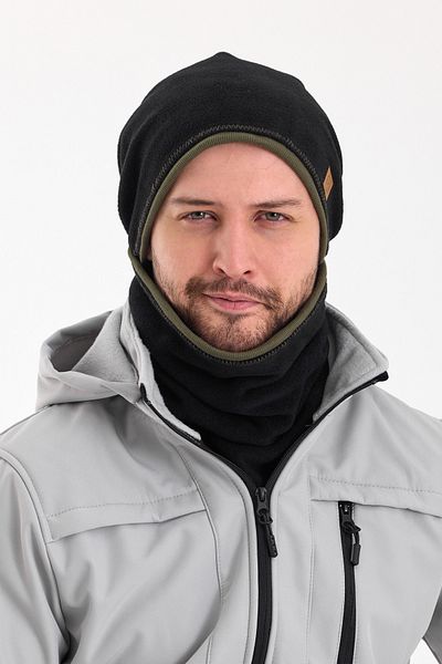 Butikgiz Men's Black Fleece - Khaki Cotton, Double Color, Foldable Beanie Set