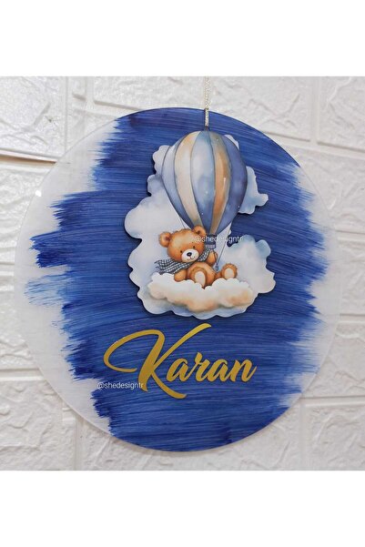 s'he design İsme Özel Şeffaf Pleksi Kapı Süsü – Erkek & Kız Bebek İçin Özel Tasarım Erkek Bebek Ayı Figür Mavi
