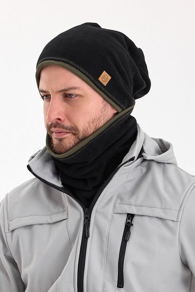 Butikgiz Men's Black Fleece - Khaki Cotton, Double Color, Foldable Beanie Set