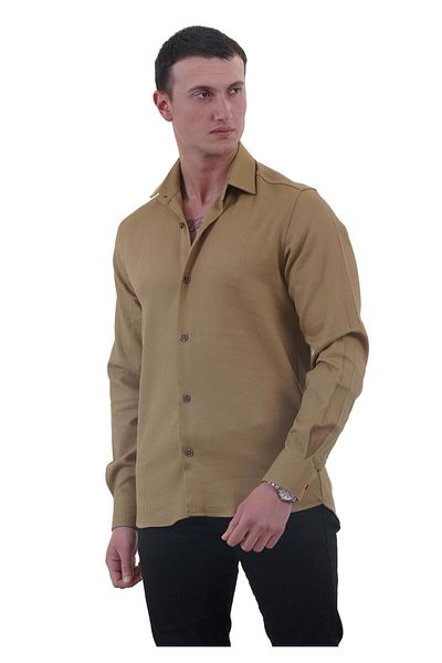 Exve Exclusive Mustard Yellow Soft Collar Dobby Textured Comfortable Fit Elegant Cotton Woven Shirt