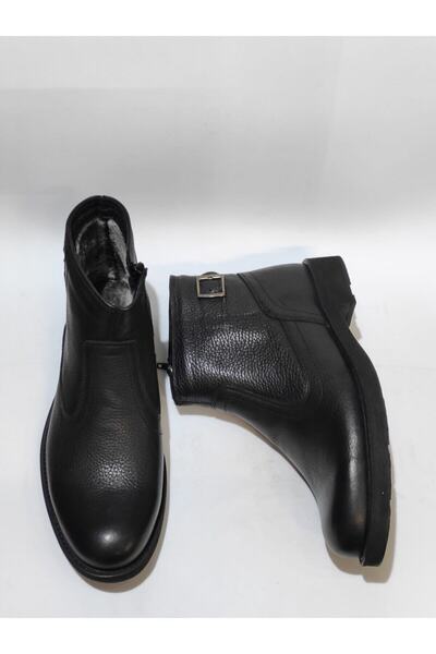 KALE Siyah Hakiki Deri Erkek Kürklü Bot Ayakkabı Casual Günlük Kauçuk Tokalı Fermuarlı
