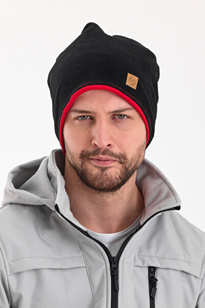 Butikgiz Erkek Siyah Polar Dış, Kırmızı Pamuklu İç Kısım Çift Renk Çift Katman Katlanabilir Bere Boyunluk Set