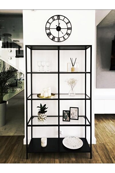 Home Elegra Kitaplık Dekoratif Aksesuar Rafı Şeffaf Cam Siyah Ahşap 100 cm