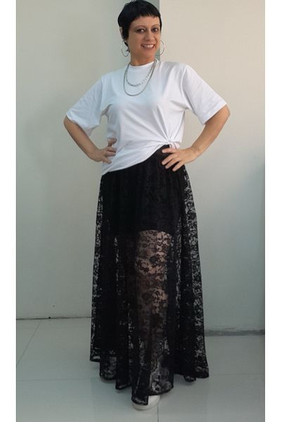 Mertcan Butik Black Elastic Waist Gathered Lining Lace Skirt