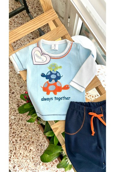 Happy Moon Erkek bebek giyim hediyelik ikili takım üst alt tshirt pantolon %100 pamuk 0-3 ay