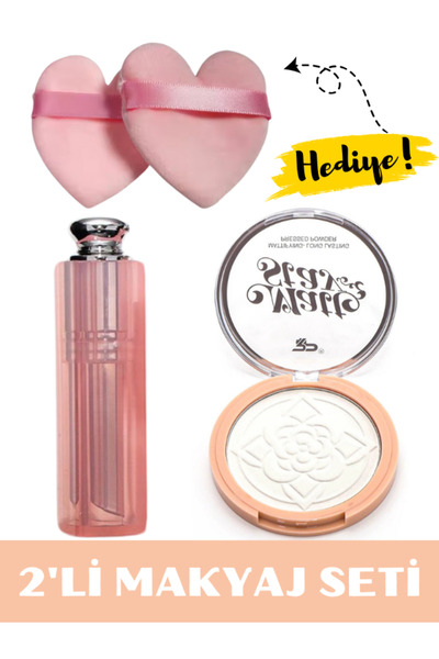 NUNUKO 2'li Makyaj Seti (24 Saat Kalıcı Pembe Ruj- Çiçek Desenli Transparan P...