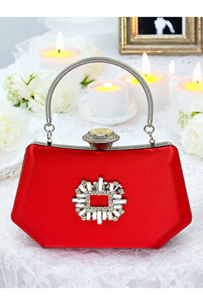 Biçanta Red Color Silver Crystal Stone Elegant Design Metal Handle Evening Dress Bag