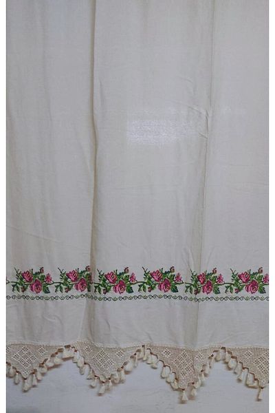TUNCAY TEKSTİL Washed Natural Straight Bodrum Linen with Wooden Work Red Canavch