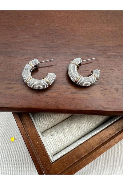 Jerie Silver Gold Detail Serrated Plate Hoop Earrings