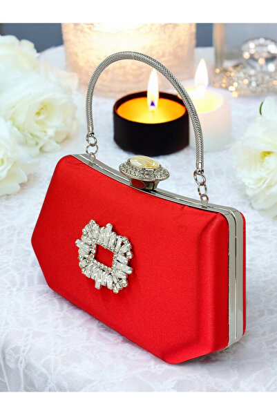 Biçanta Red Color Silver Crystal Stone Elegant Design Metal Handle Evening Dress Bag