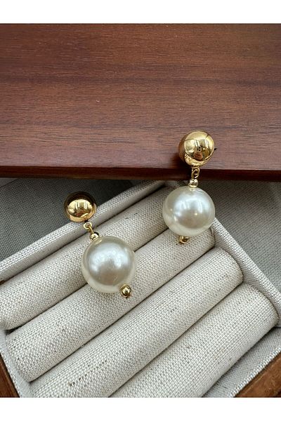 Jerie Gold Ball Detail Dangle Pearl Earring