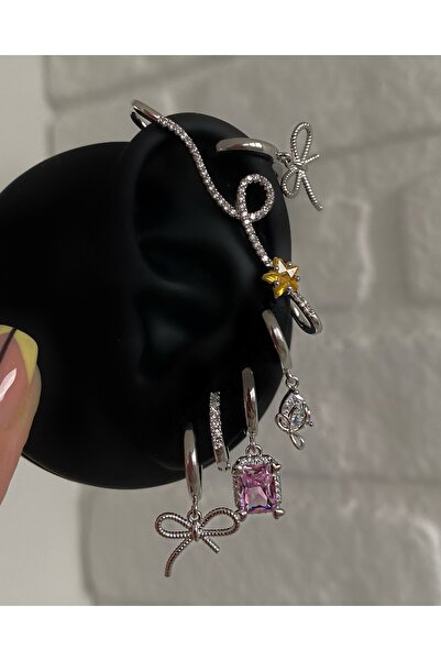 h&b design jewel Çelik Silver Kurdela Detay 6 Lı Küpe Seti