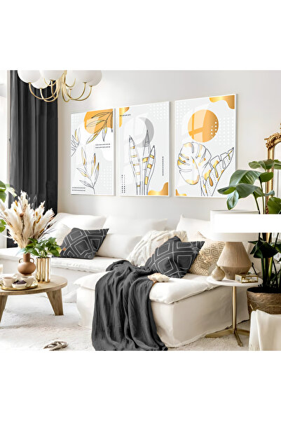 Harika bir ev Hari̇kabi̇rev | Soft Gray-Yellow Minimalist Leaf Set 03 | Frame...
