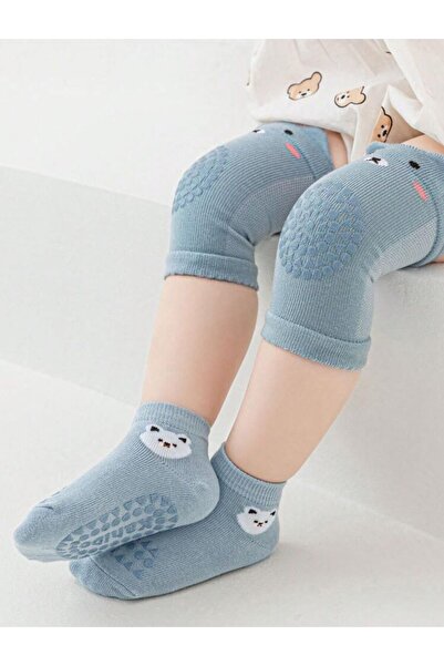 Moory طقم جوارب أطفال زرقاء ووسادة ركبة واقية - جوارب مضادة للانزلاق - واقي ل...