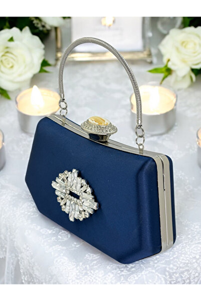 Biçanta Geantă elegantă de culoare albastru marin, cu pietre de cristal argin...