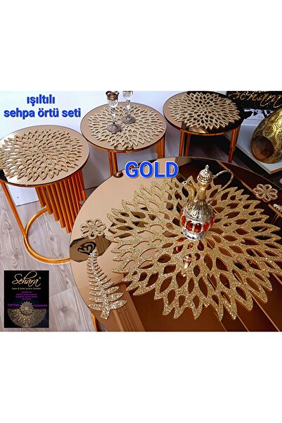 SEHARA Sehpa Örtü Seti/ 1ad (60CM)lik Orta Sehpa Runnerı,3 Ad.(33CM)zigon Örtüsü/toplam 4 Parça/simli Gold